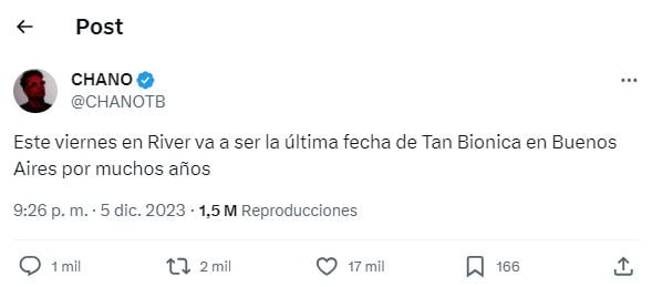 Tan Biónica en River: el mensaje de Chano Charpentier que entristeció a los fans antes del show