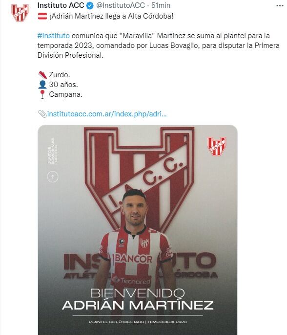 Adrián "Maravilla" Martínez. Sexto refuerzo para Instituto.