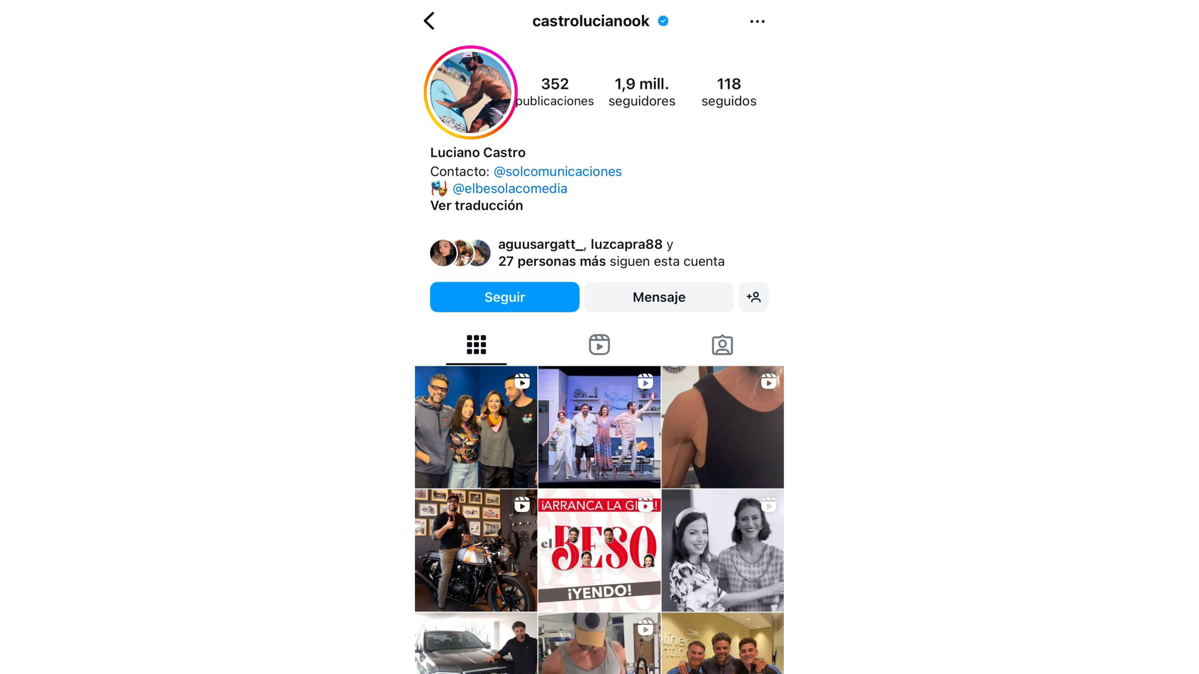 El perfil de Instagram de Luciano Castro.