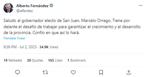 El saludo de Alberto Fernández a Marcelo Orrego en Twitter. Foto captura @alferdez.