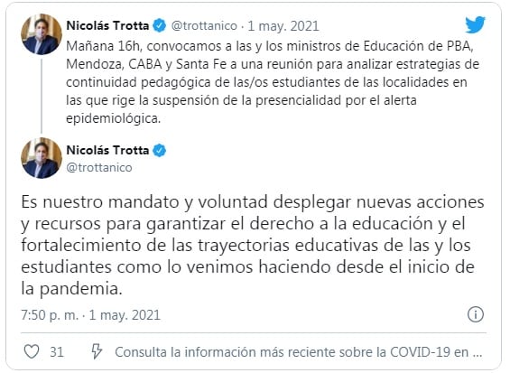 Imagen del Twit publicado en su cuenta por el ministro de Educación de la Nación.