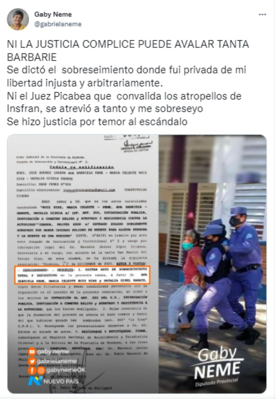 La diputada provincial Gabriela Neme expresó a través de Twitter que fue sobreseída por la Justicia de Formosa.