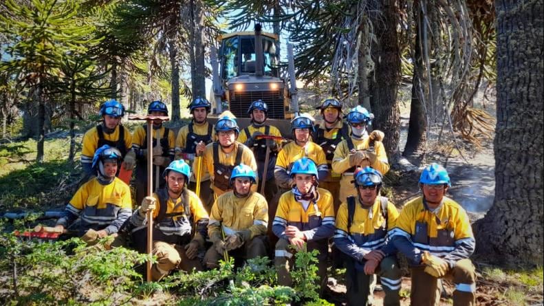 Los bomberos cordobeses que combaten las llamas en el sur del país y recibieron año nuevo en ese lugar. (Twitter @alfonmosquera)