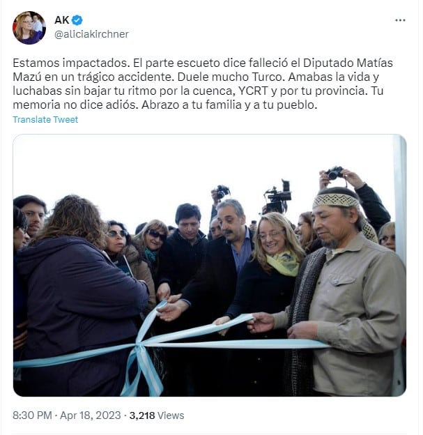 La gobernadora Alicia Kirchner le dedicó unas palabras de despedida al diputado santacruceño Matías Mazú.