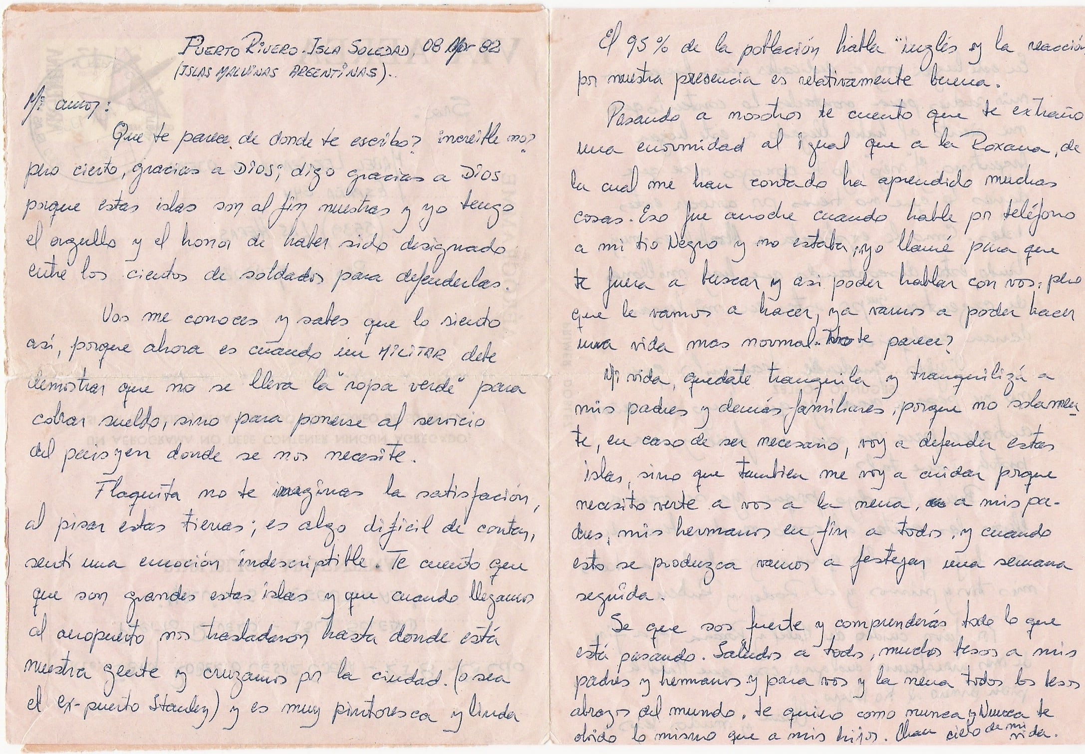 Una de las cartas que Roberto le escribió a su mujer cuando estaba en Malvinas.