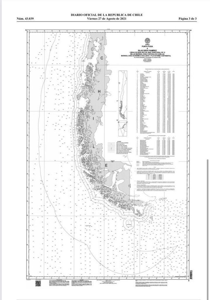 El mapa del territorio chileno que oficializó el decreto de Sebastián Piñera del 23 de agosto pasado. (Fuente: Diario Oficial de Chile)