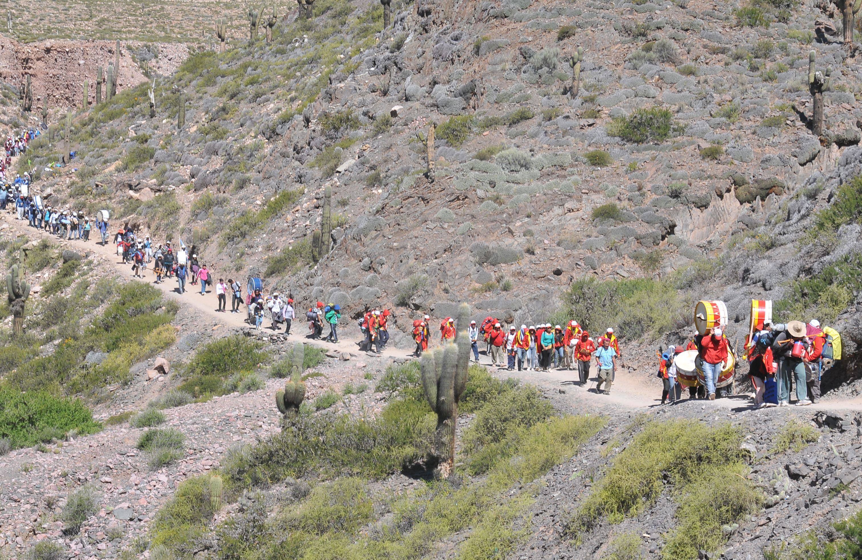 Serpenteando entre las montañas, las bandas de sikuris y los promesantes honran a la Virgen de Copacabana de Punta Corral.