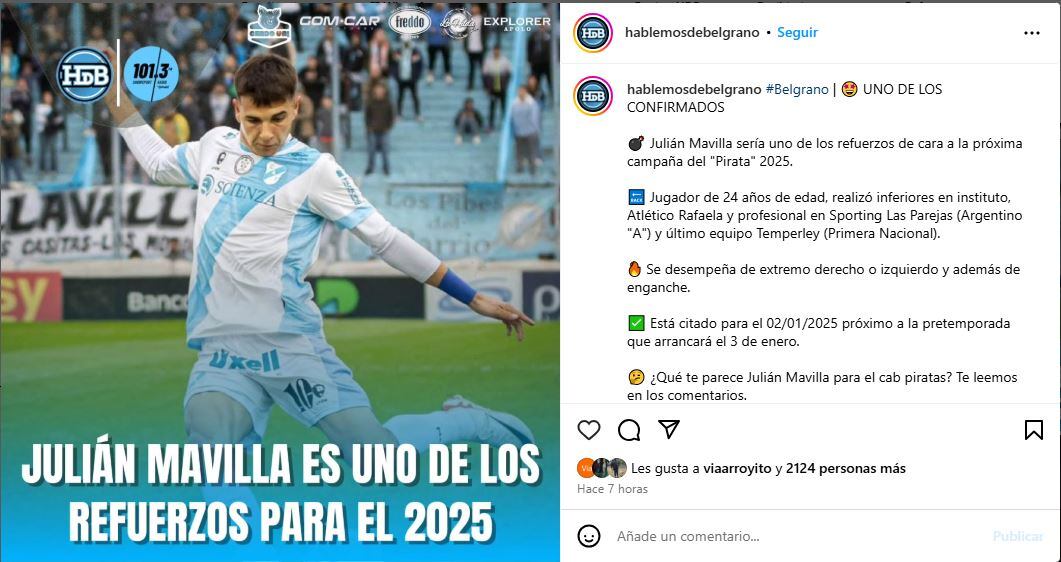 Julián Mavilla sería uno de los refuerzos del Club Belgrano de Córdoba