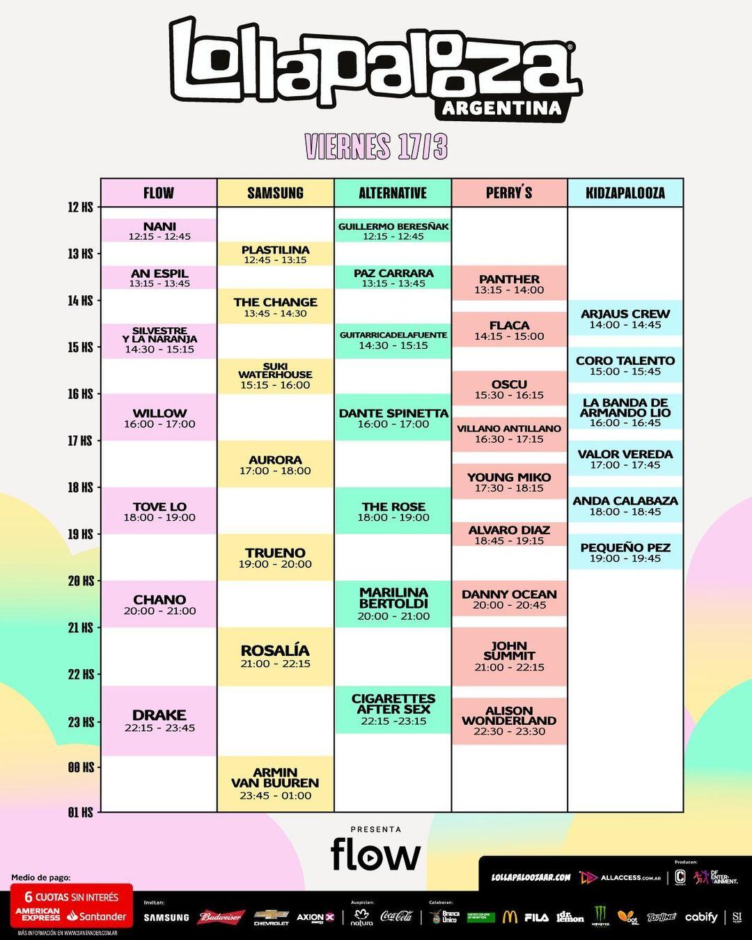 Horarios por escenario del día de apertura del Lollapalooza Argentina. (Captura)