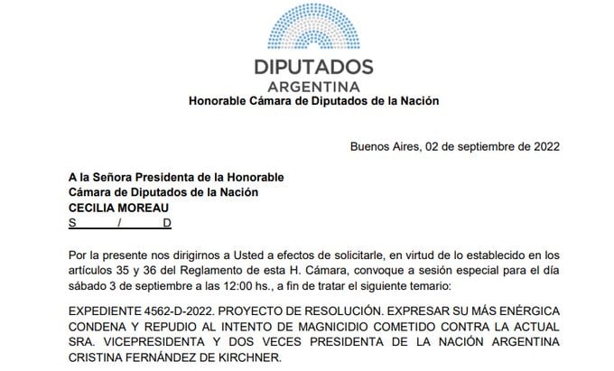 El comunicado de la Cámara de Diputados convocando a una sesión especial para este sábado.