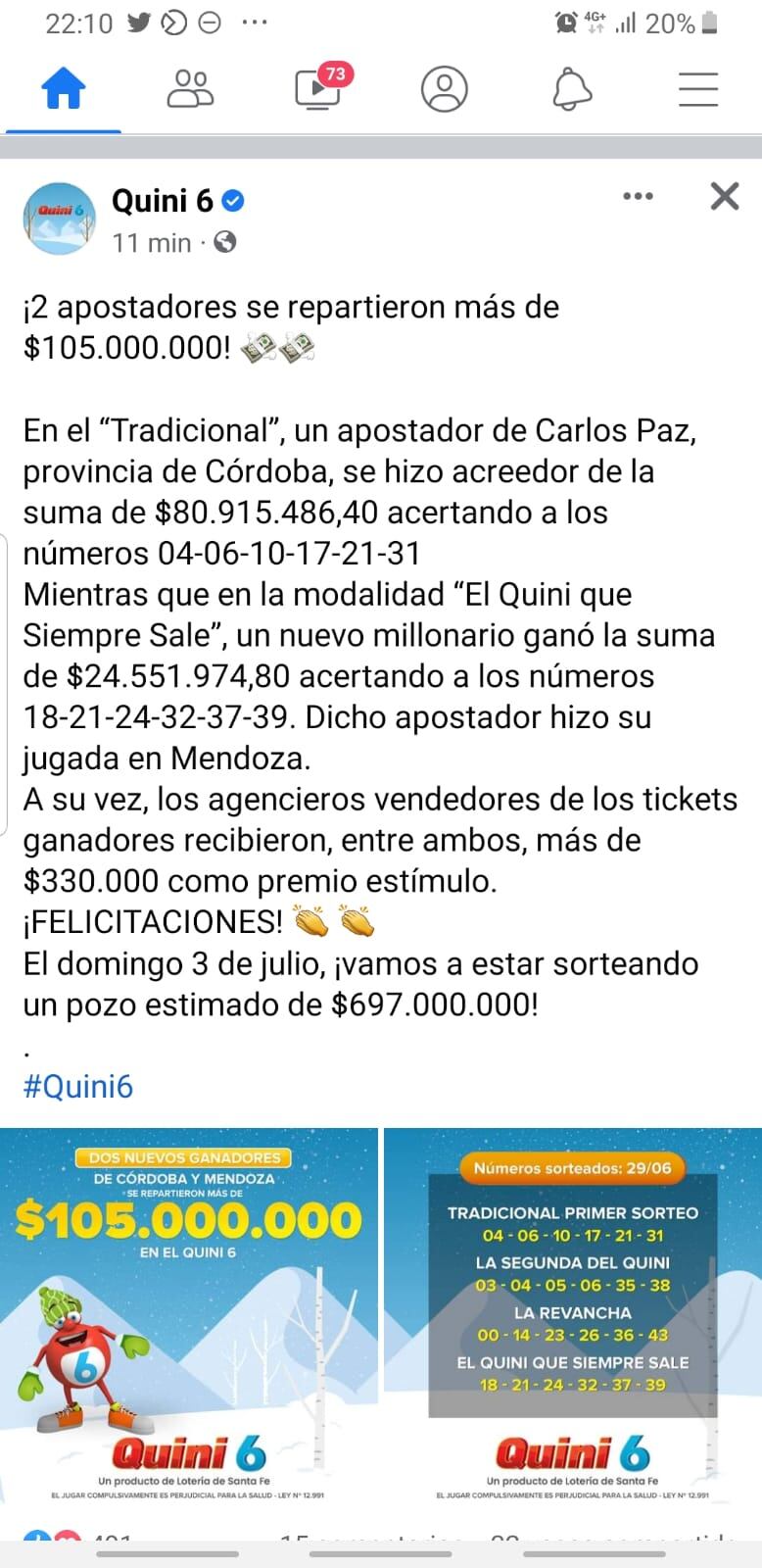 Anuncian ganador del Quini 6.