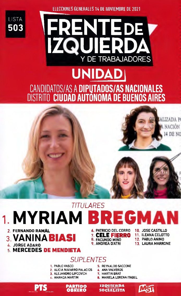 Boleta electoral del "Frente de Izquierda y de Trabajdores - Unidad" para las Elecciones 2021 en la Ciudad de Buenos Aires, con Myriam Bregman a la cabeza de la lista.