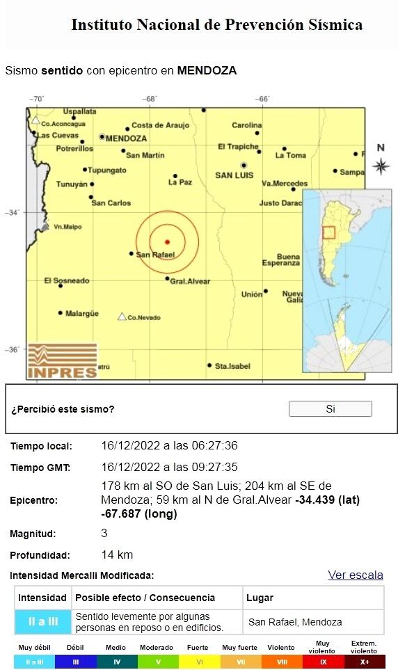 Los datos del INPRES sobre el sismo con epicentro en San Rafael.