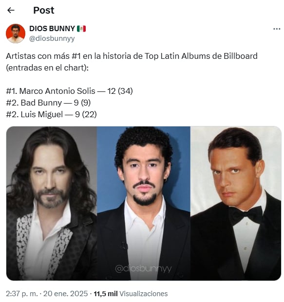 El éxito de Bad Bunny con “Debí tirar más fotos” alcanza los récords de Luis Miguel y Marco Antonio Solís