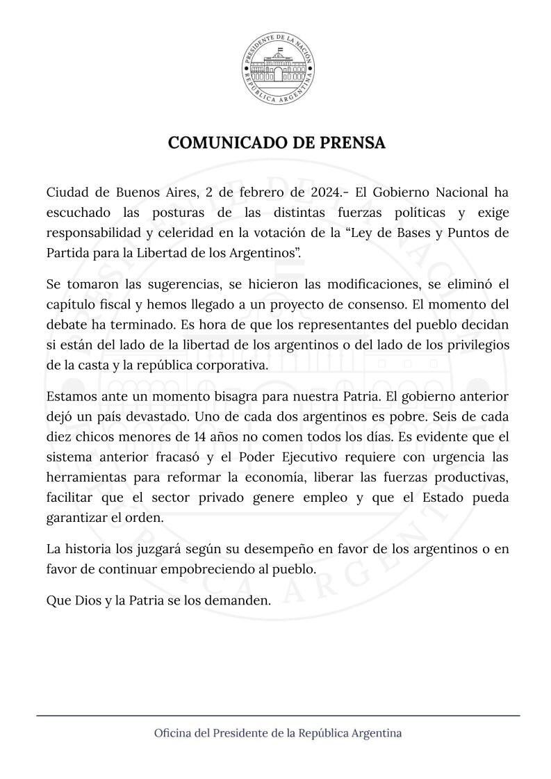 Comunicado de la Oficina del Presidente