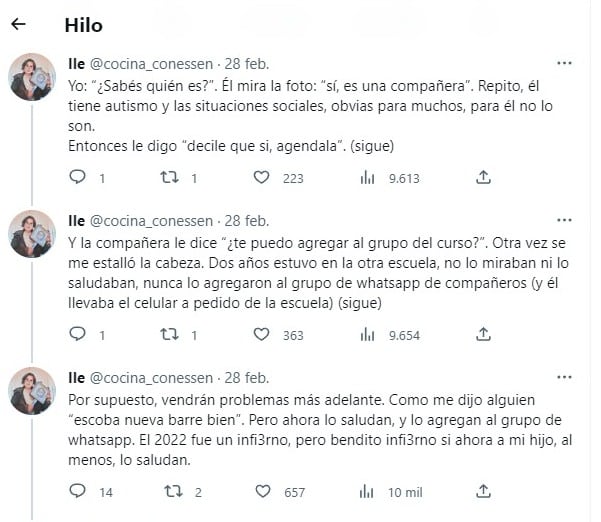 El mensaje narrando lo sucedido en los primeros días de clases.