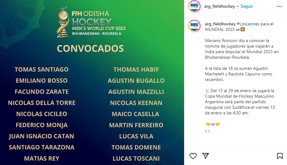 La lista completa de Los Leones que jugarán el Mundial de hockey 2023.