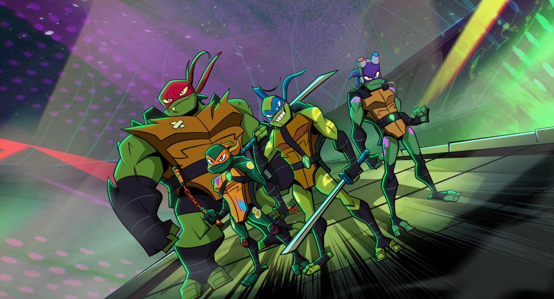 Rise of the Teenage Mutant Ninja Turtles: The Movie - (L-R) Raphael (voiced by Omar Benson Miller), Michelangelo (voiced by Brandon Mychal Smith), Leonardo (voiced by Ben Schwartz), and Donatello (voiced by Josh Brener). Cr: Netflix © 2022