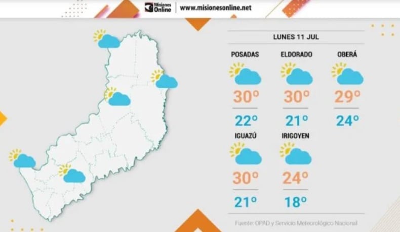 Lunes con probabilidad de precipitaciones en Misiones.