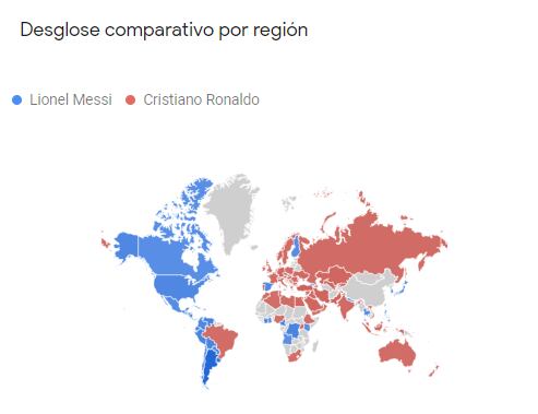 Así se distribuye el interés de búsqueda por Messi (azul) y Ronaldo (rojo) en el mundo.