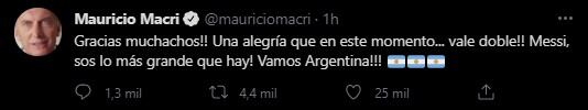 El expresidente Mauricio Macri felicitó a la Selección en Twitter.