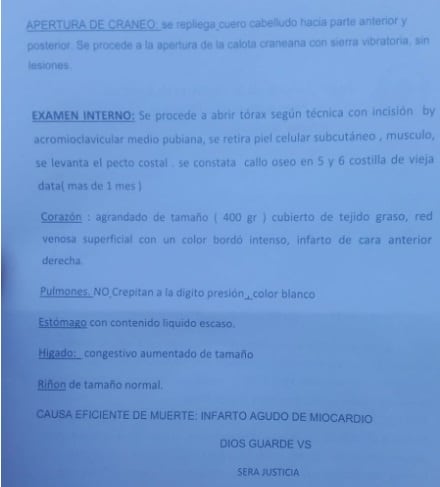 Página 1 del informe sobre la muerte del hincha de Independiente Rivadavia, Pablo Morcos.