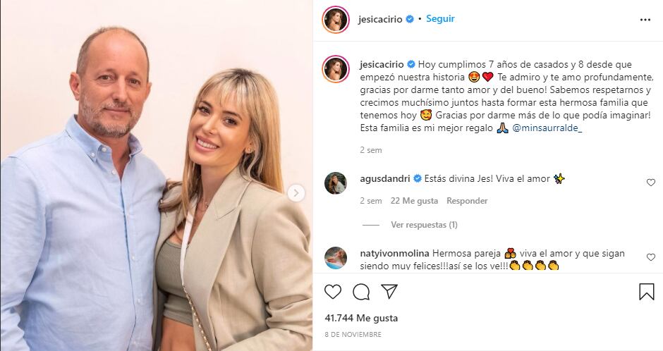 Jésica Cirio y un tierno posteo para su marido, Martín Insaurralde.