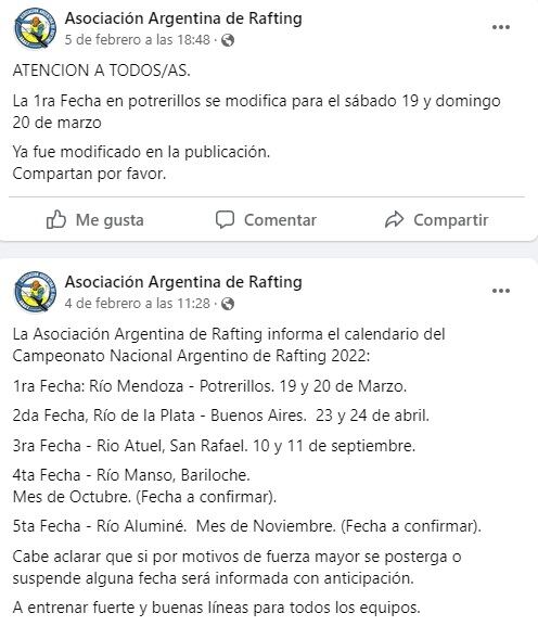 Asociación Argentina de Rafting confirmó el calendario del Campeonato Nacional Argentino de Rafting 2022.