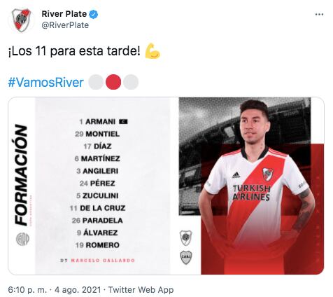 La formación de River ante Boca por Copa Argentina.