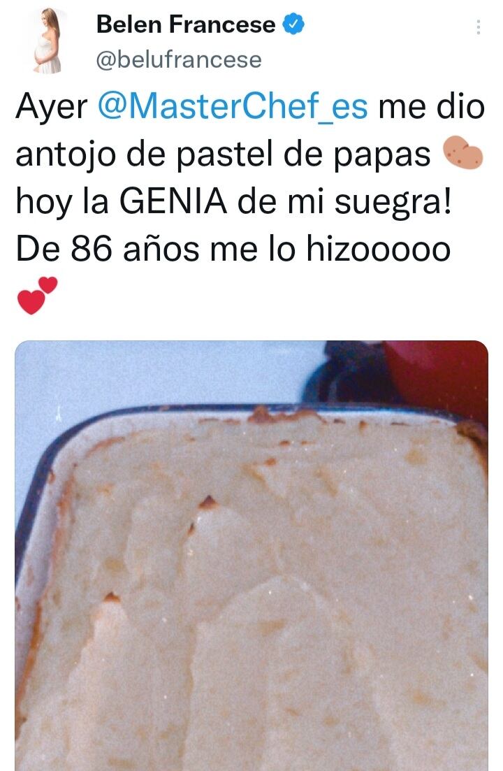 Posteo de Belén Francese sobre el pastel de papas que hizo su suegra mendocina.