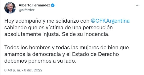 Alberto Fernández se solidarizó con la Vicepresidenta.