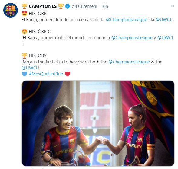 Barcelona es el primer club en ganar la Champions League femenina y masculina.