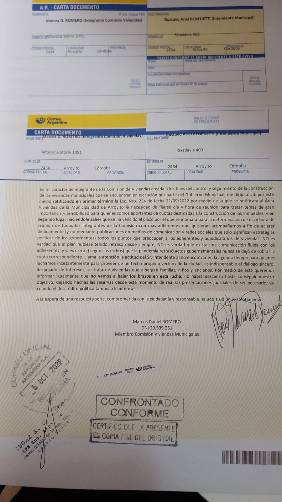 Carta Documento enviada por los integranes de la Comision de viviendas de Arroyito al presidente del cuerpo