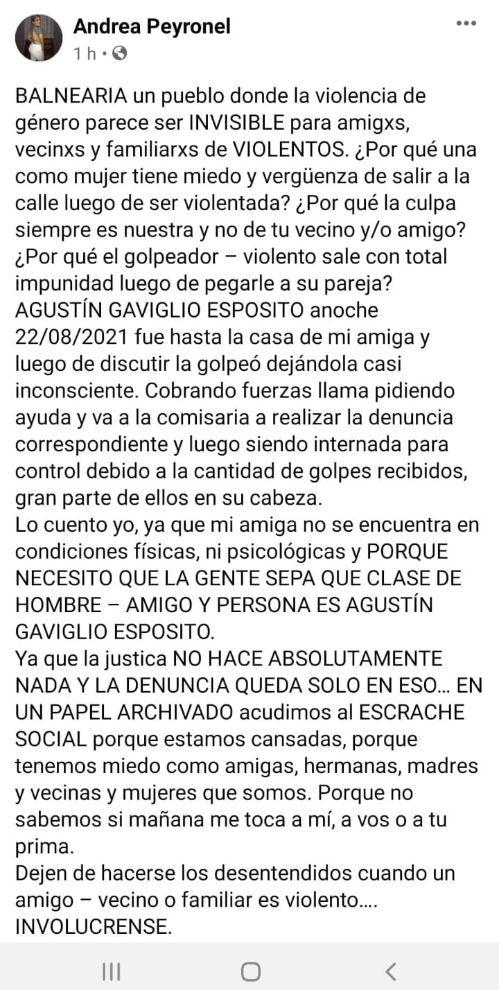 Denuncia completa de una de sus amigas en Facebook.