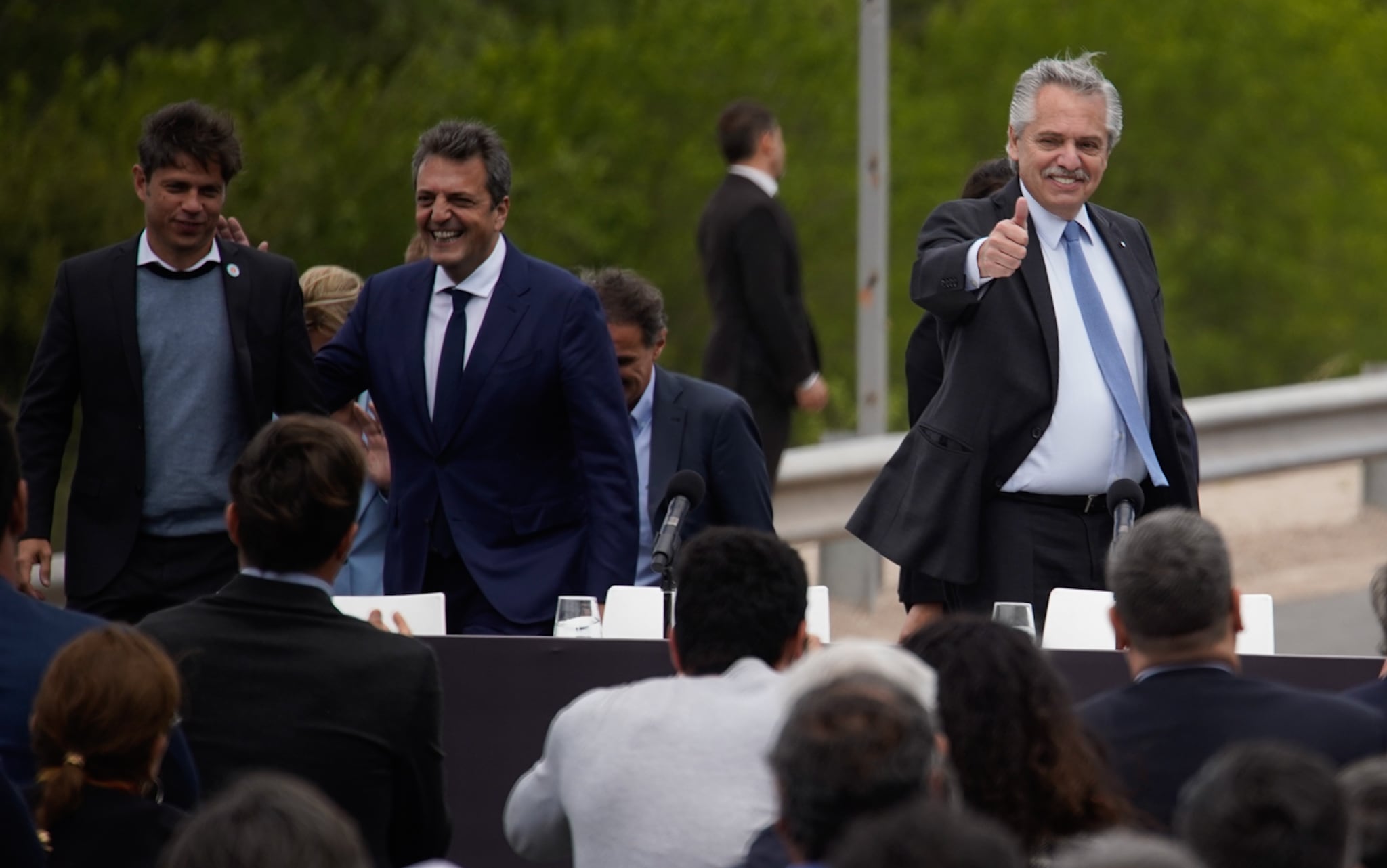 17-10 Acto del día de la lealtad en Cañuelas. Alberto Fernández junto a Axel Kicillof, Sergio Massa y Gabriel Katopodis inauguran una obra en la autopista a Ezeiza. Foto:  CLARÍN