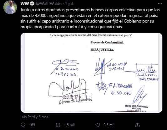 El habeas corpus presentado por Waldo Wolff y otros diputados de la oposición.