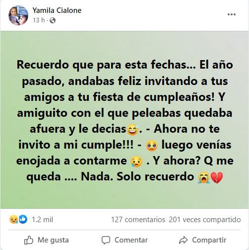 Posteo de Yamila Cialone, la mamá de Guadalupe Lucero