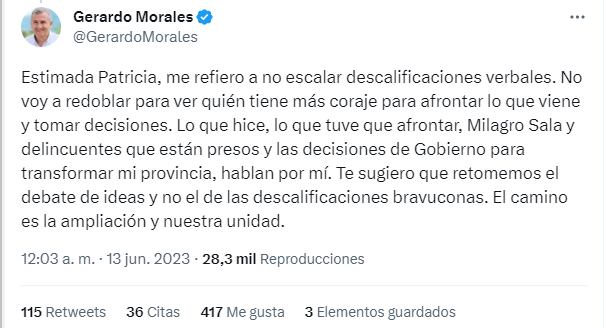 Patricia Bullrich salió al cruce contra Gerardo Morales.