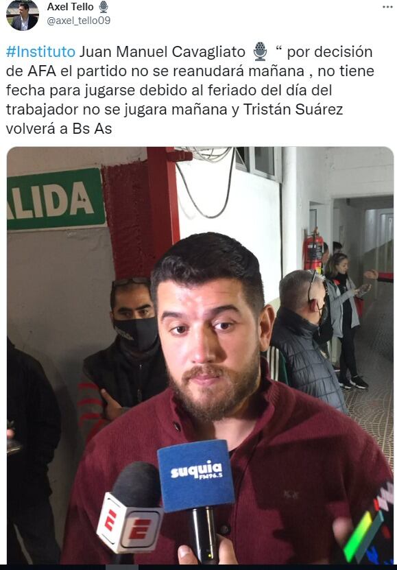 Juan Manuel Cavagliatto, presidente de Instituto, dio las razones de las suspensión del partido.