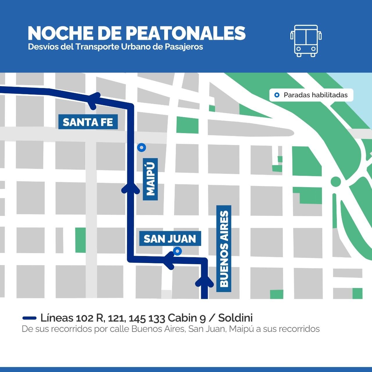 Desvíos de colectivos por la Noche de las Peatonales