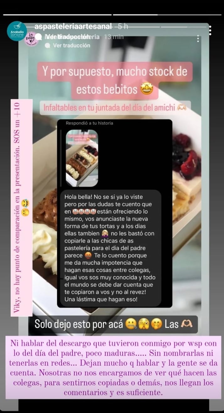 La réplica en historias de Instagram de Anabella Sansone pastelería artesanal.