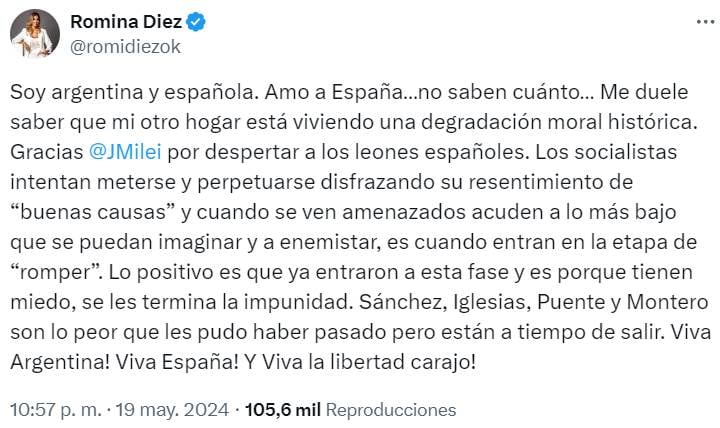 La diputada nacional Romina Diez defendió al presidente Javier Milei en el marco del conflicto diplomático con España.