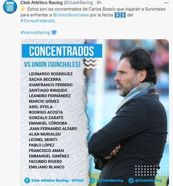 El DT Carlos Bossio espera para dar a conocer la formación del Racing puntero.