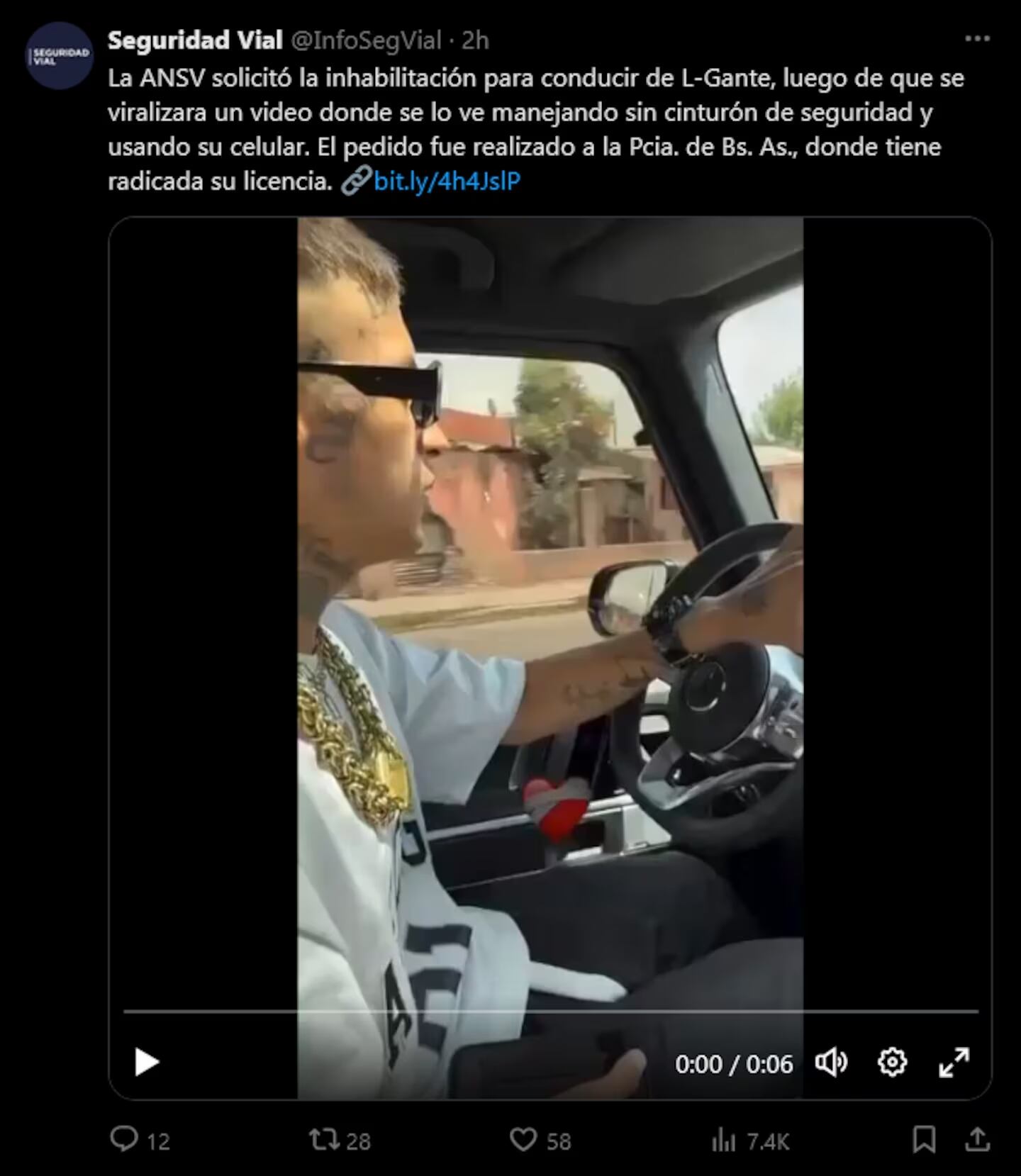 El comunicado de Seguridad Vial sobre la infracción de tránsito de L-Gante