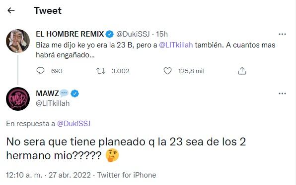 Duki y Lit Killah se refirieron a una "sesión 23 B" de Bizarrap