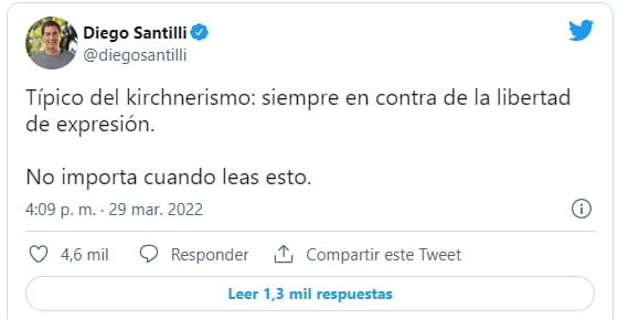 Santilli apuntó contra la gestión del kirchnerismo y su posición "contra la libertad de expresión".