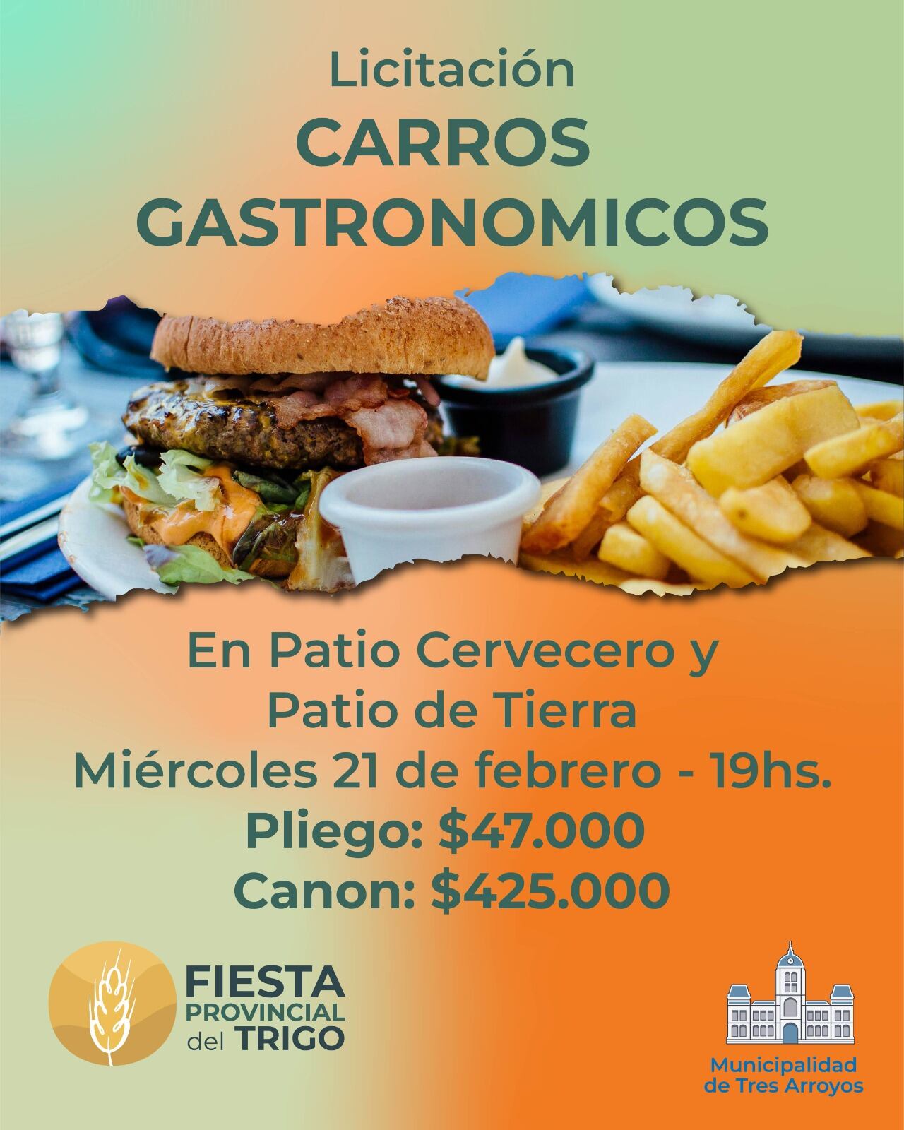 Fiesta Provincial del Trigo del Tres Arroyos: licitación de fogones, kioscos, carros gastronómicos y carros cerveceros