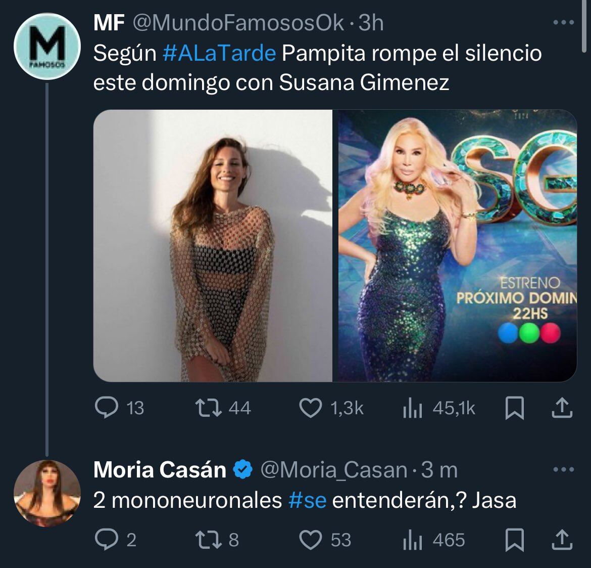 El comentario de Moria Casán sobre Pampita y Susana Giménez