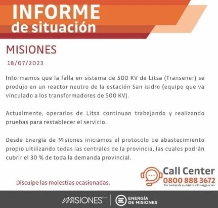 Se registró un corte de energía eléctrica en todo Misiones.