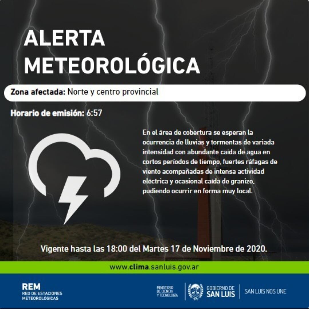 Alerta Meteorológica para Centro y Norte de San Luis, vigencia hasta las 18:00 hs.